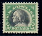 Cat. No. 524, Issue 1918, Denom $5, Color:  deep green & black, With Certificate