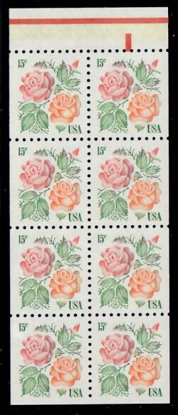Cat. No. 1737d, Issue 1978, Denom 15¢, Color:  Red Masterpiece and Medallion Roses, Tagging Omit