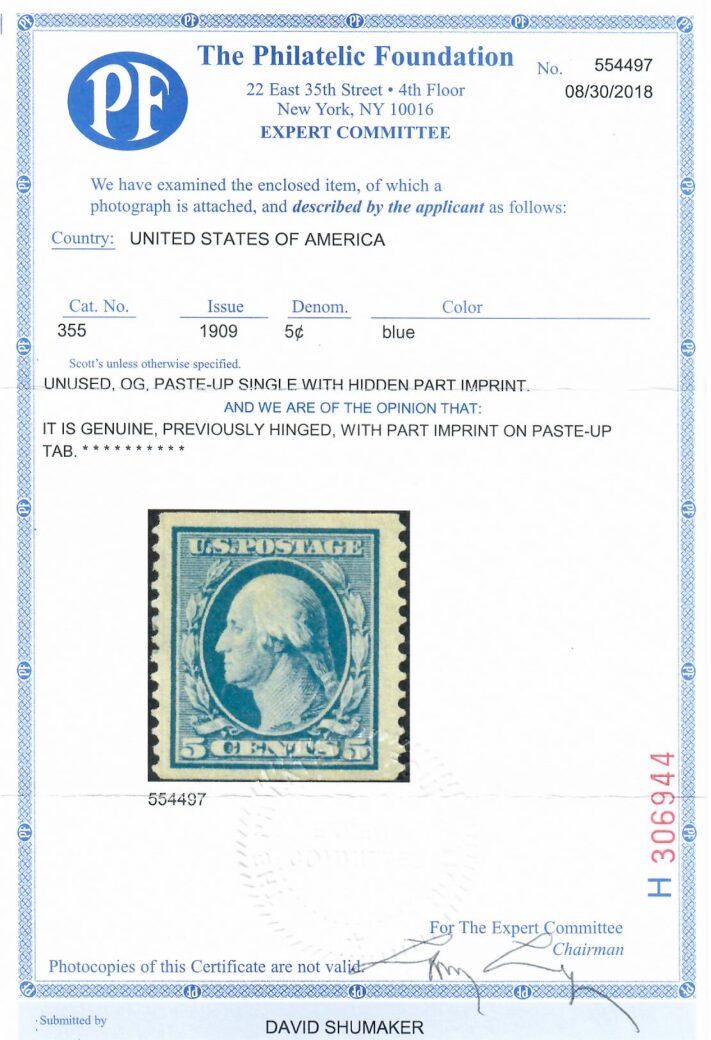 Cat. No. 355, Issue 1909, Denom 5¢, Color: Blue, Paste UP, With Certificate - Image 2