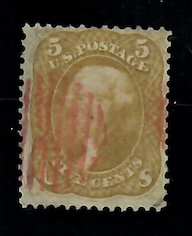 Cat. No. 67b, Issue 1861, Denom 5¢, Color:  Olive Yellow, With Certificate