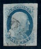 Cat. No. 9, Issue 1852, Denom 1¢, Color:  Blue, With Certificate