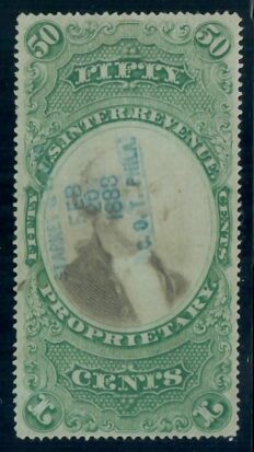 Cat. No. RB8b, Issue 1874, Denom 50¢, Color:  Green & Black, With Certificate