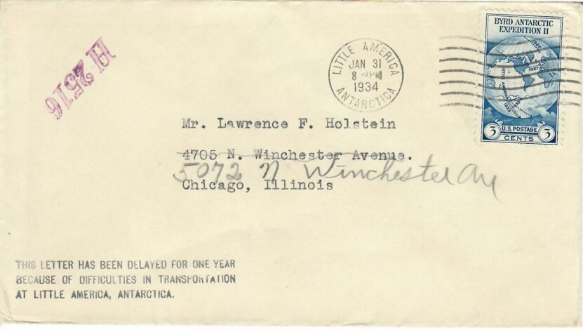 Cat. No. #733, Issue 1933, Denom 3¢, Color:  Blue, Antarctic Cancel, Delayed 1 Year