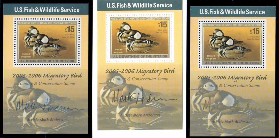 Cat. No. RW72b, Issue 2005, Denom $15, Color:  Multi-Color, Never Hinged, XF, Set of 3, One signed in Black, Blue & Gold