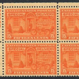 Cat. No. E13 (SD6), Issue 1925, Denom 15¢, Color:  Deep Orange, Block of 4