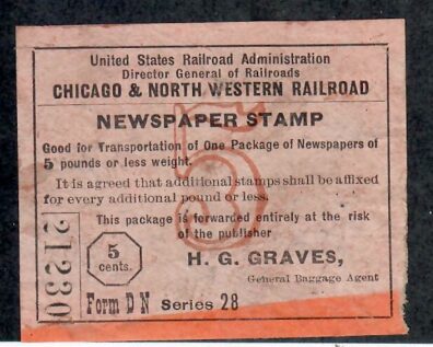 R. R. Newspaper Stamp, 5¢, Color:  Peach/Orange