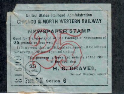 R. R. Newspaper Stamp, 25¢, Color:  Light Blue