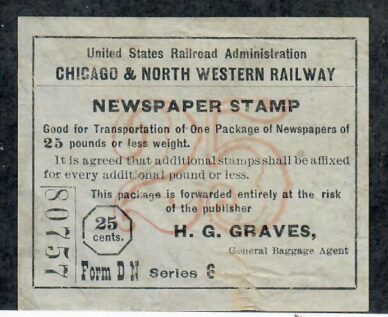 R. R. Newspaper Stamp, 25¢, Color:  Off White