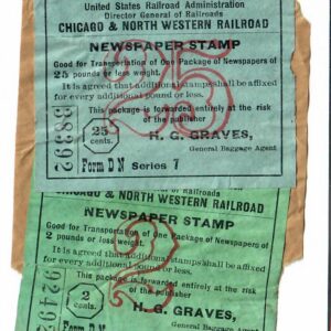 R. R. Newspaper Stamps, 25¢ & 2¢, Colors:  Light Blue & Green