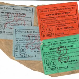 R. R. Newspaper Stamps, 25¢, 5¢ & 2¢, Colors:  Light Blue, Green & Orange