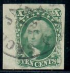 Cat. No. 13, Issue 1855, Denom 10¢, Color:  Green, With Certificate