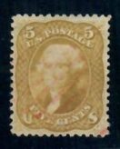 Cat. No. 67, Issue 1861, Denom 5¢, Color:  Buff, With Certificate